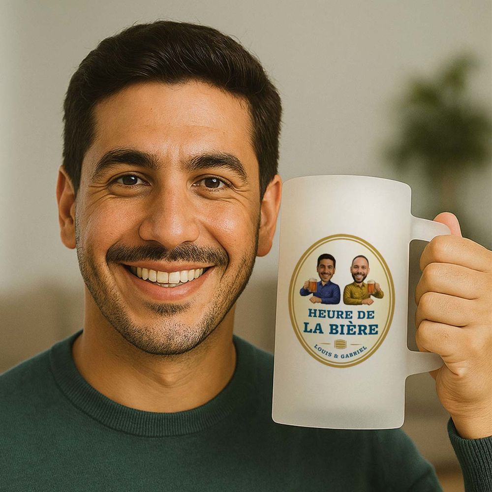 Chope de bière personnalisée avec deux visages et logo