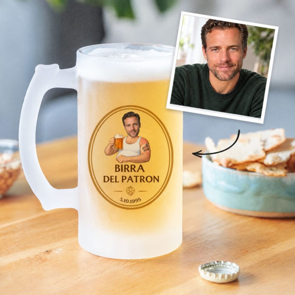 Chope de bière personnalisée avec visage : votre photo devient le personnage « Birra del Patron »