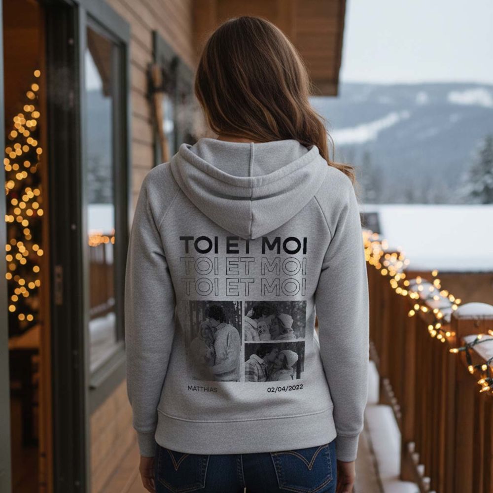 Sweat à capuche personnalisé avec photos en noir et blanc et texte