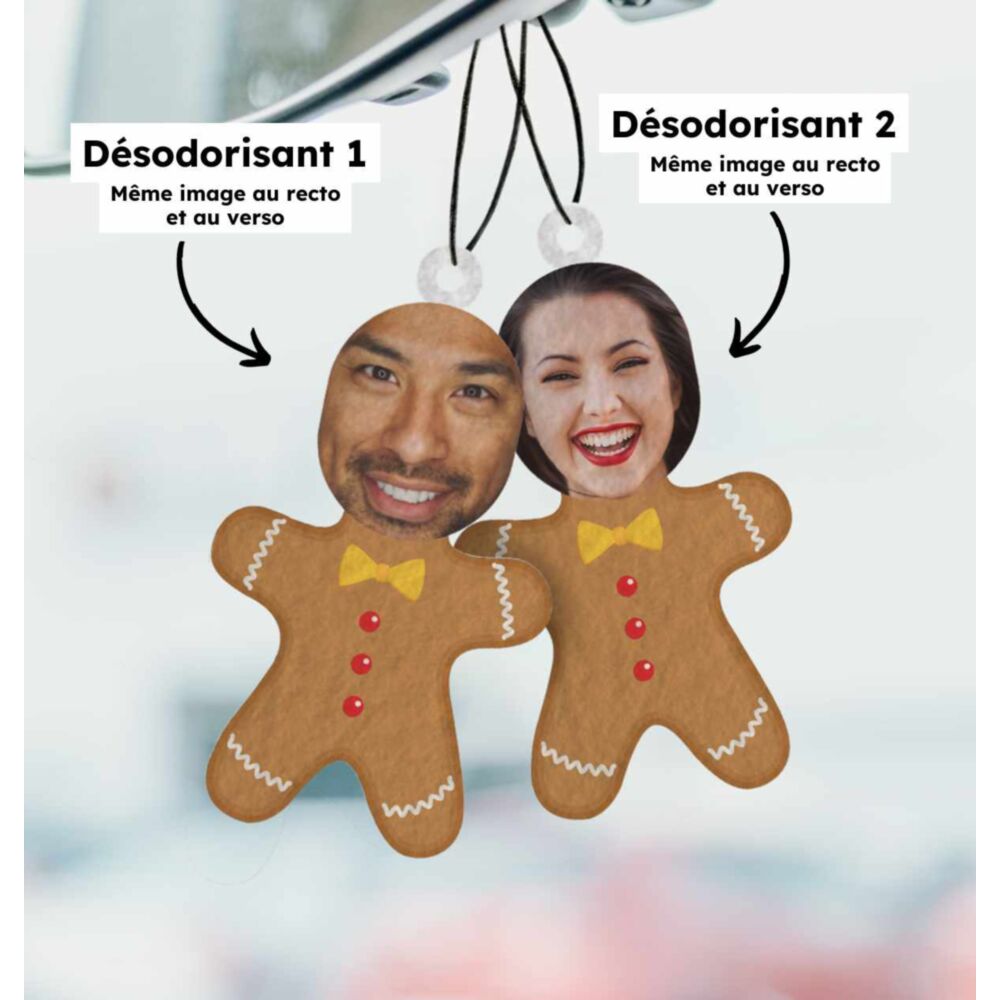 Désodorisant voiture personnalisé Pain d’épice avec visage - Lot de 2