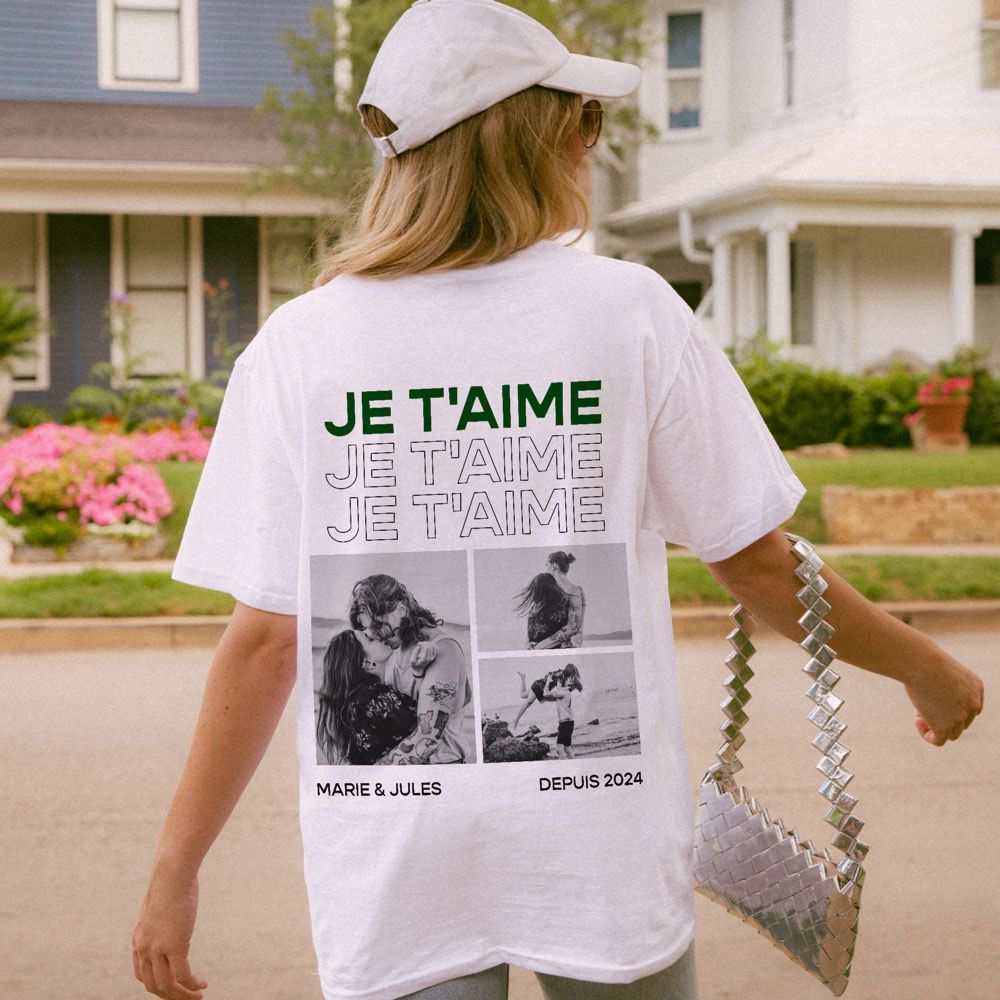 T-shirt personnalisé avec photos en noir et blanc et texte