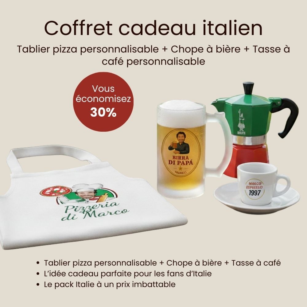 Coffret cadeau Italie avec tablier chope à bière et tasse à espresso