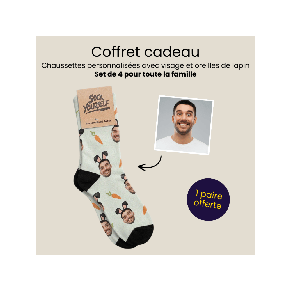 Coffret cadeau chaussettes de Pâques lot de 4 avec visage et oreilles de lapin