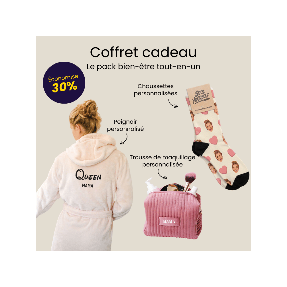 Coffret cadeau trousse de toilette, peignoir et chaussettes