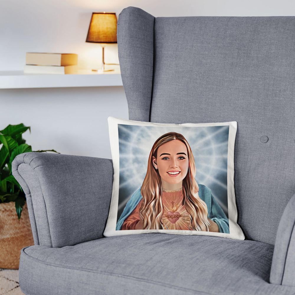 Housse de coussin personnalisée avec auréole et visage