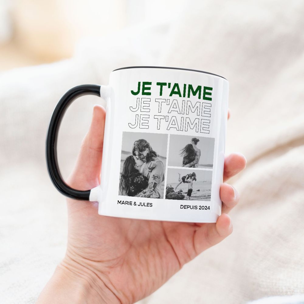 Tasse personnalisée avec photos et texte en noir et blanc