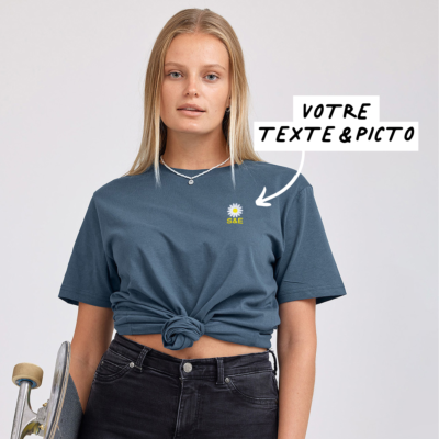 T-shirt brodé Bleu foncé avec texte et picto