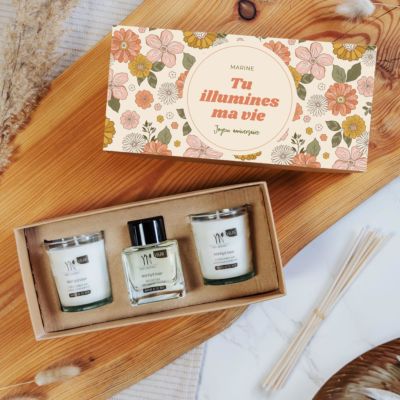 Coffret personnalisé bougies parfumées et diffuseur motif et texte