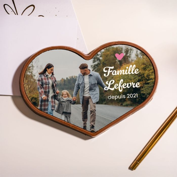 Chocolat personnalisé en forme de cœur avec photo et texte