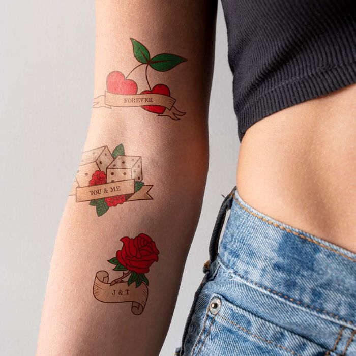 Lot de 6 tatouages personnalisés avec dessins rétros et texte