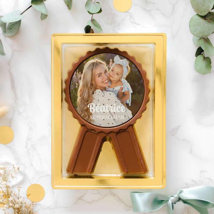Médaille en chocolat personnalisée avec photo et texte