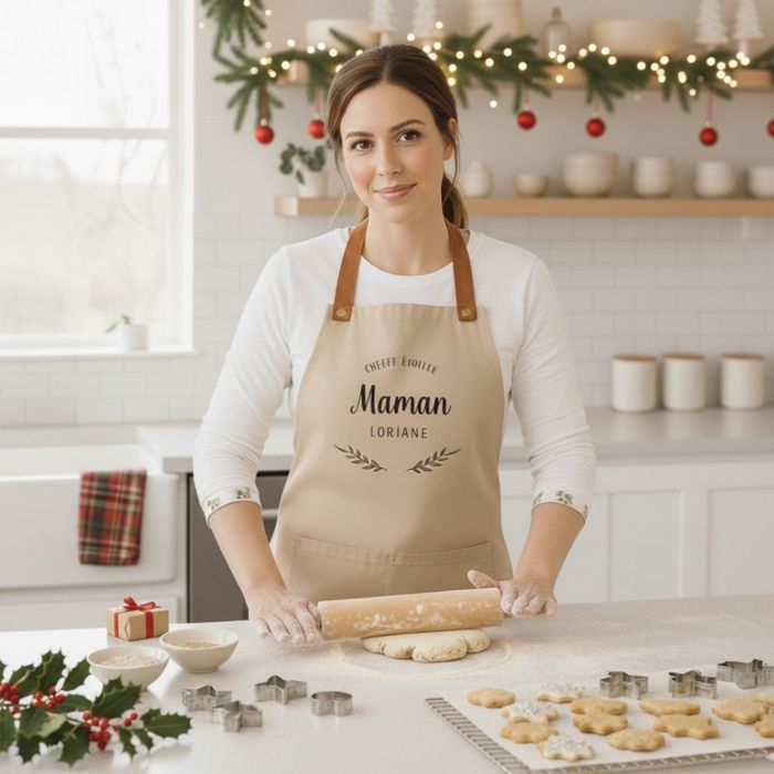 Tablier de cuisine personnalisé avec laurier et texte