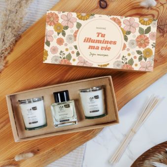 Coffret personnalisé bougies parfumées et diffuseur motif et texte