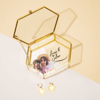 Boîte en verre avec image et texte