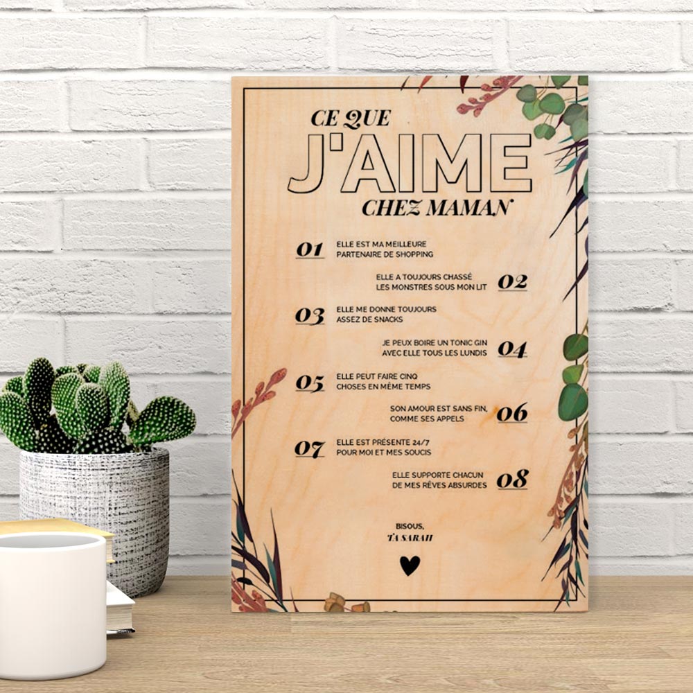 Poster en bois personnalisable - Ce que j'aime chez X