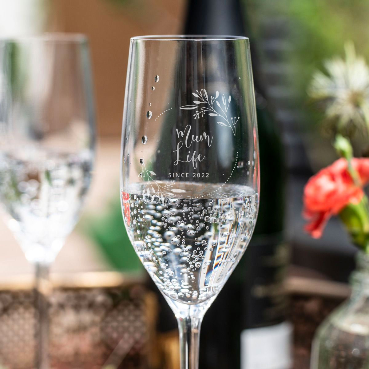 Flûte à champagne personnalisée Motif floral avec texte