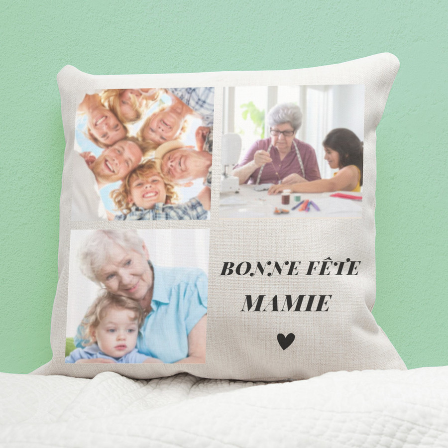 cadeau mamie housse de coussin personnalisée avec 3 photos et texte 