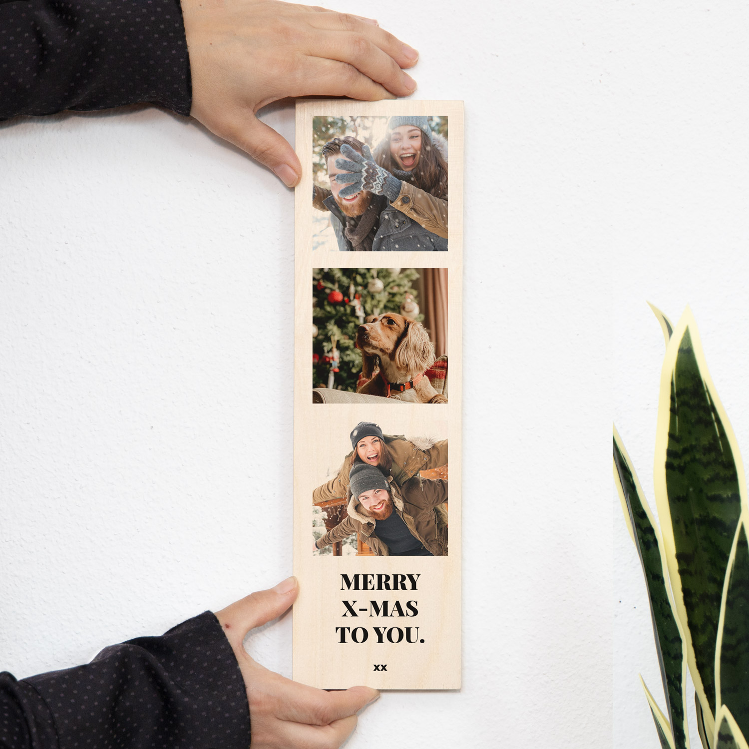 cadeau de noel photo sur bois verticale avec 3 photos et texte