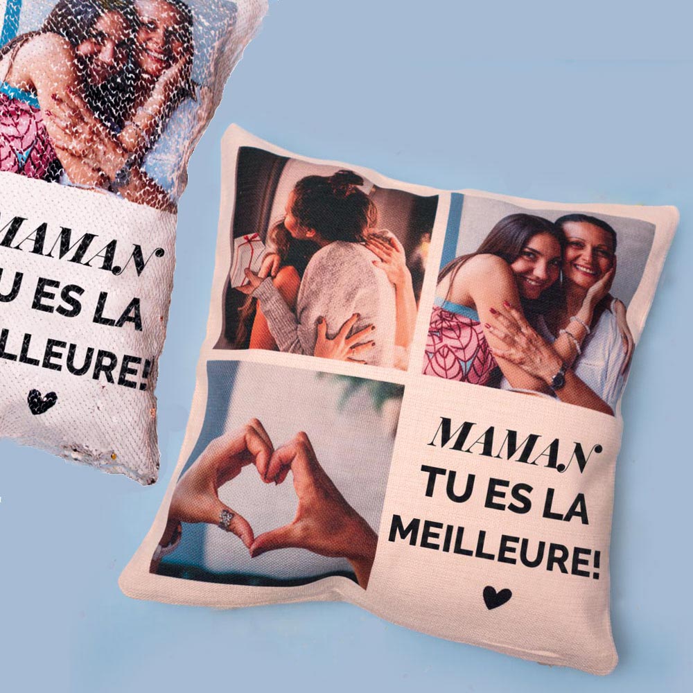 Housse de coussin personnalisée avec 3 photos et texte cadeau fête des Mères Housse de coussin personnalisée avec 3 photos et texte