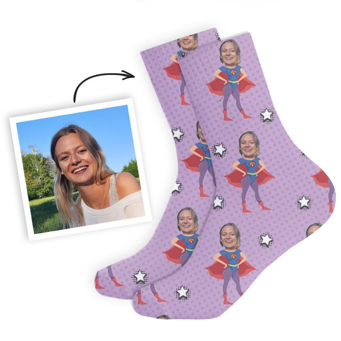 cadeau maman chaussettes personnalisées visage motif super-héros