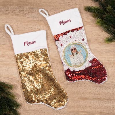 Chaussette de Noël à Paillettes avec texte et photo Chaussette de Noël à Paillettes avec texte et photo