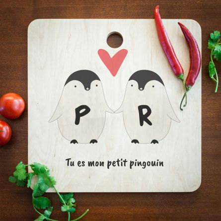 Planche à découper personnalisable – Couple de Pingouins